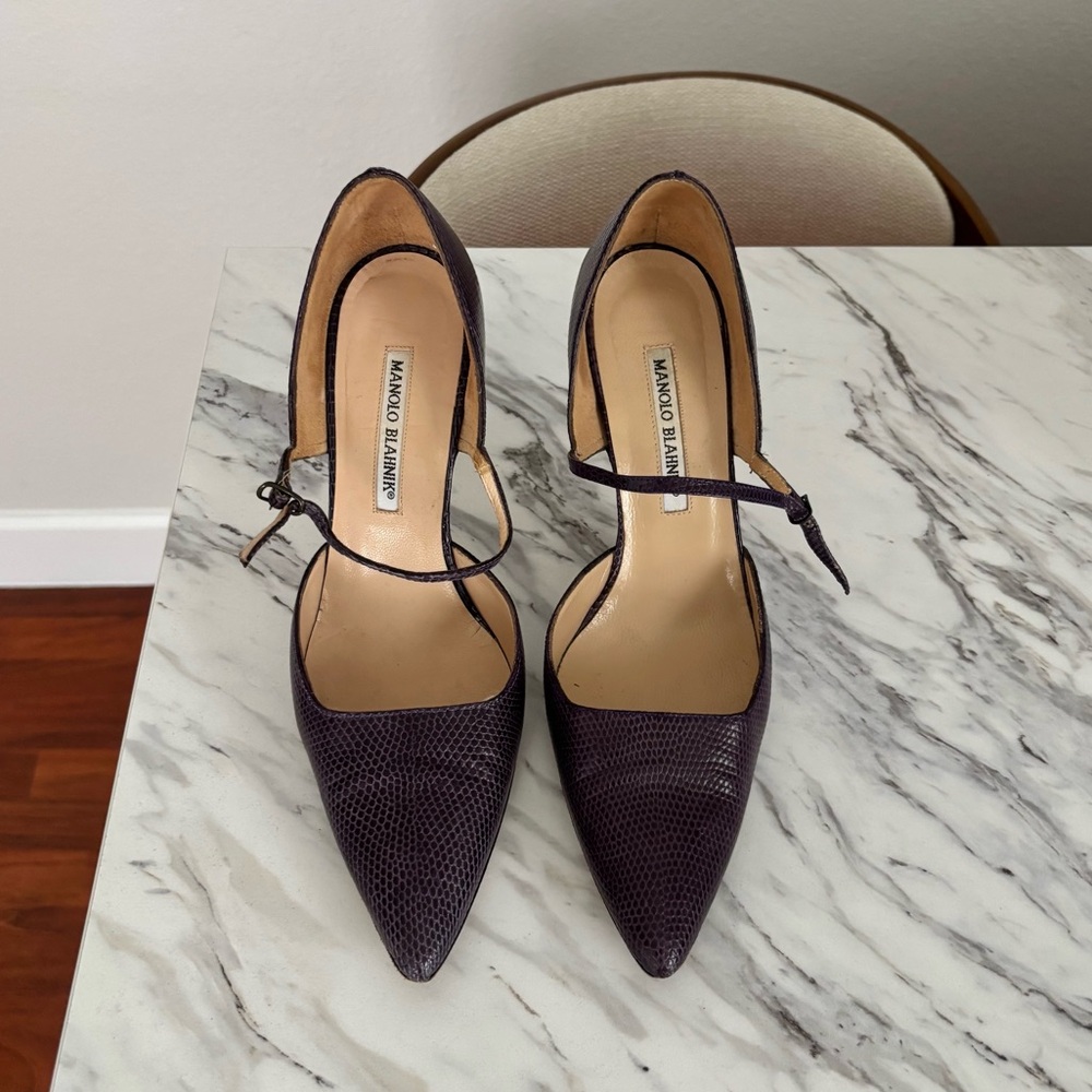 Manolo Blahnik Purple Suede Heels with Ankle Strap
